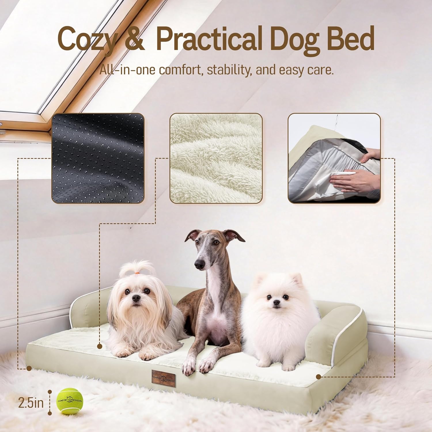 Comfort Expression Memory Foam Large Dog Bed - Waterproof Orthopedic Pet Bed with Washable Removable Cover, Non-Slip Pet Sofa Couch, 36 x 27