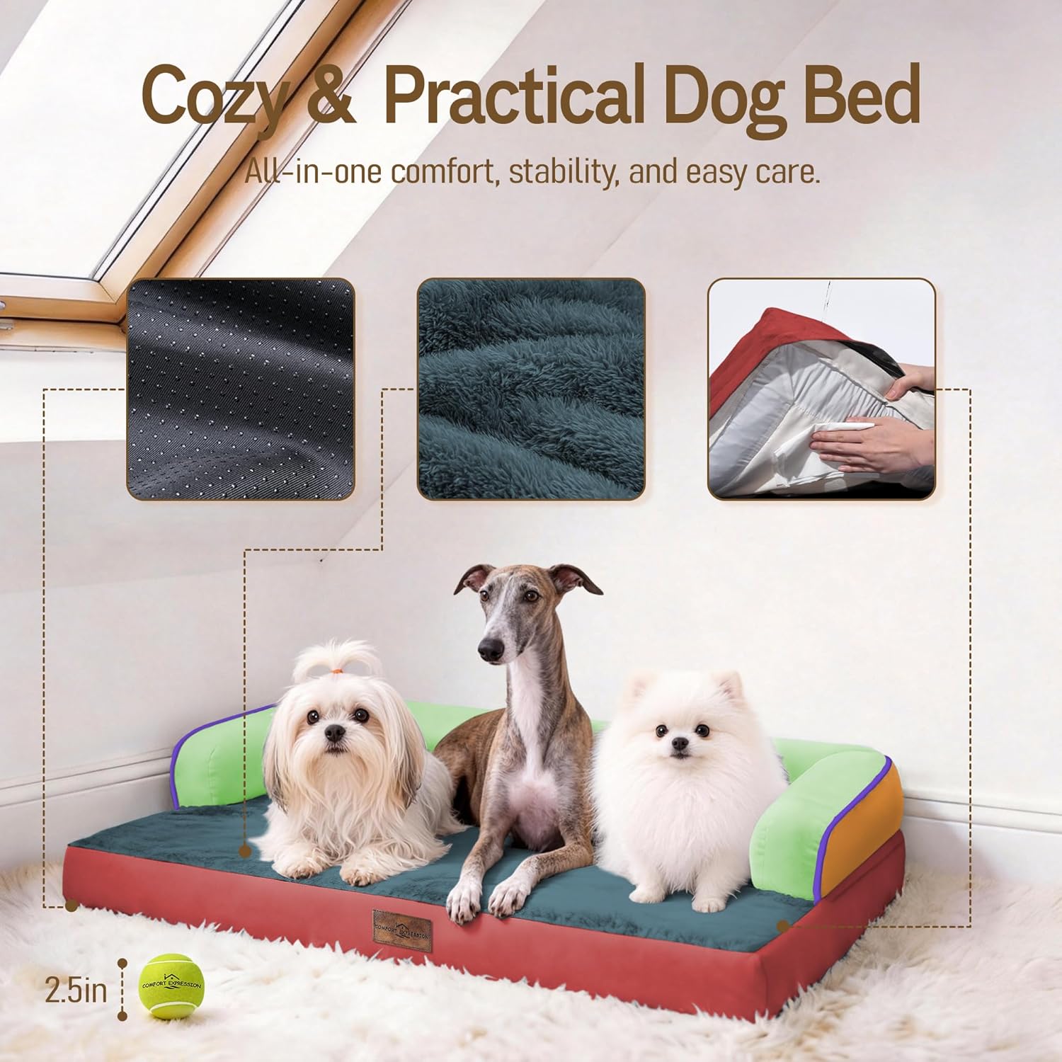 Comfort Expression Memory Foam Large Dog Bed Washable - Waterproof Orthopedic Dog Beds Pet Couch Sofa Bolster with Removable Cover Non-Slip Pet Sofa Couch, 36 x 27