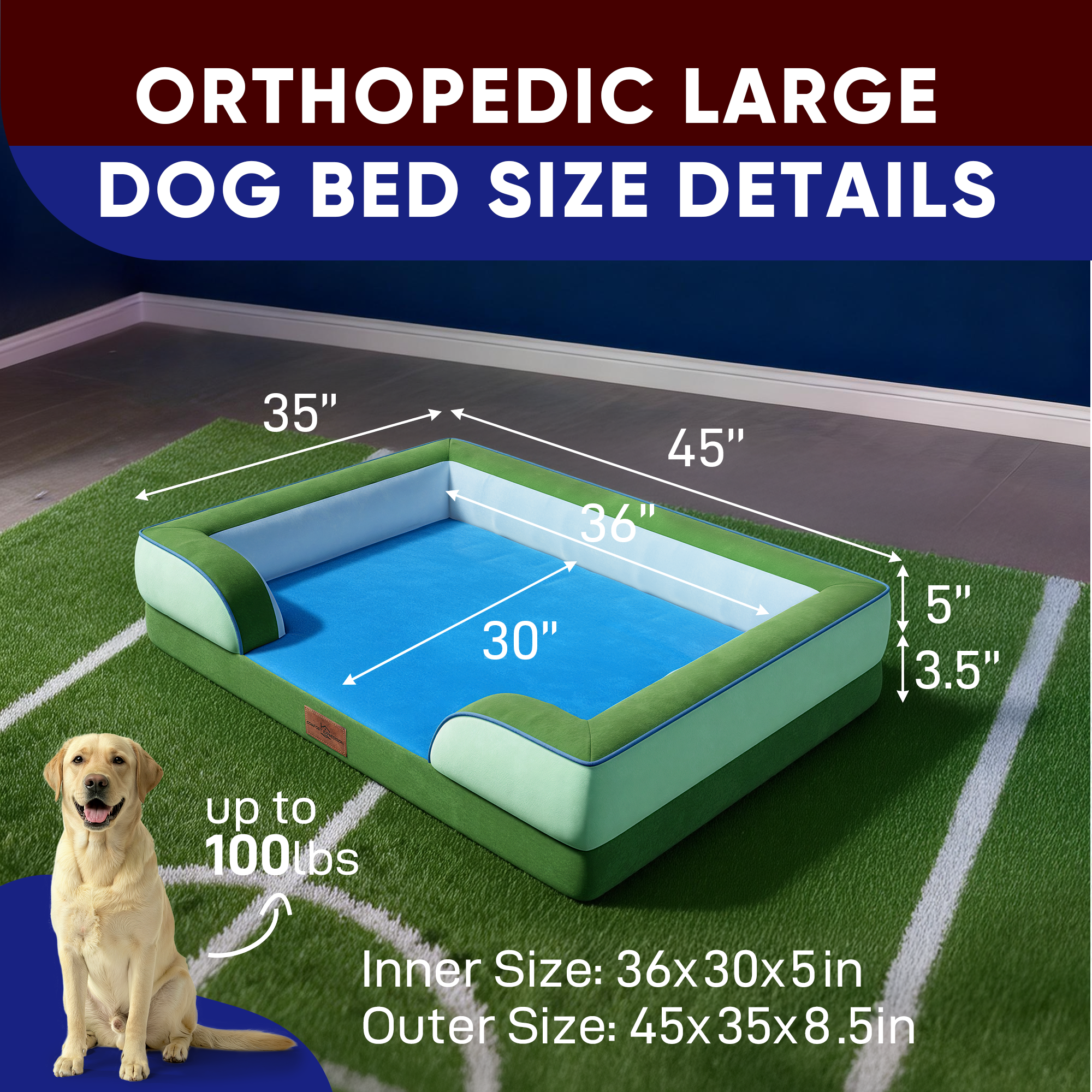 Boston - World Cup Host City Theme Orthopedic Dog Bed for Large Dogs – Waterproof Egg Crate Foam Pet Bed with Bolsters, Washable Cover & Non-Slip Bottom