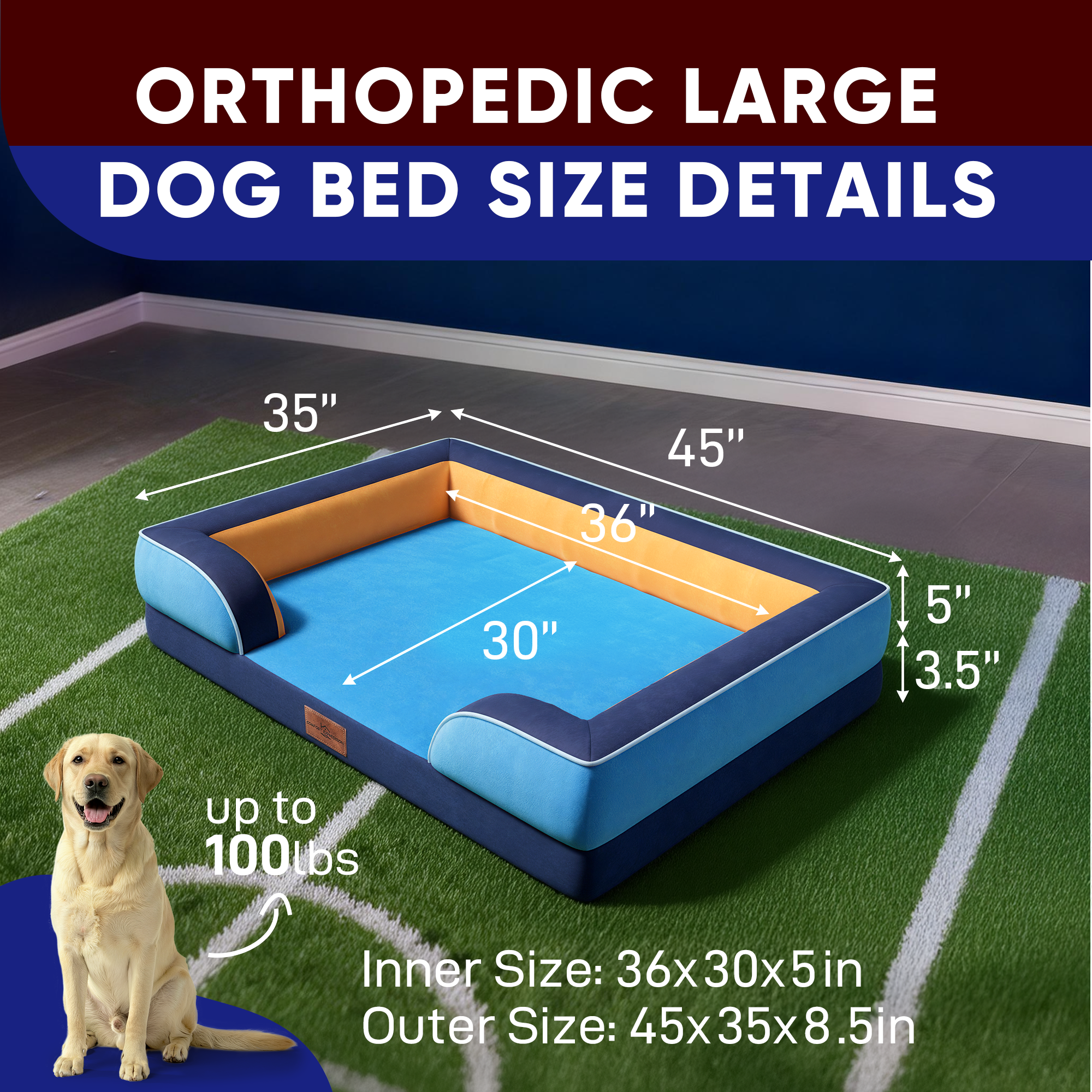 Houston  - World Cup Host City Theme Orthopedic Dog Bed for Large Dogs – Waterproof Egg Crate Foam Pet Bed with Bolsters, Washable Cover & Non-Slip Bottom