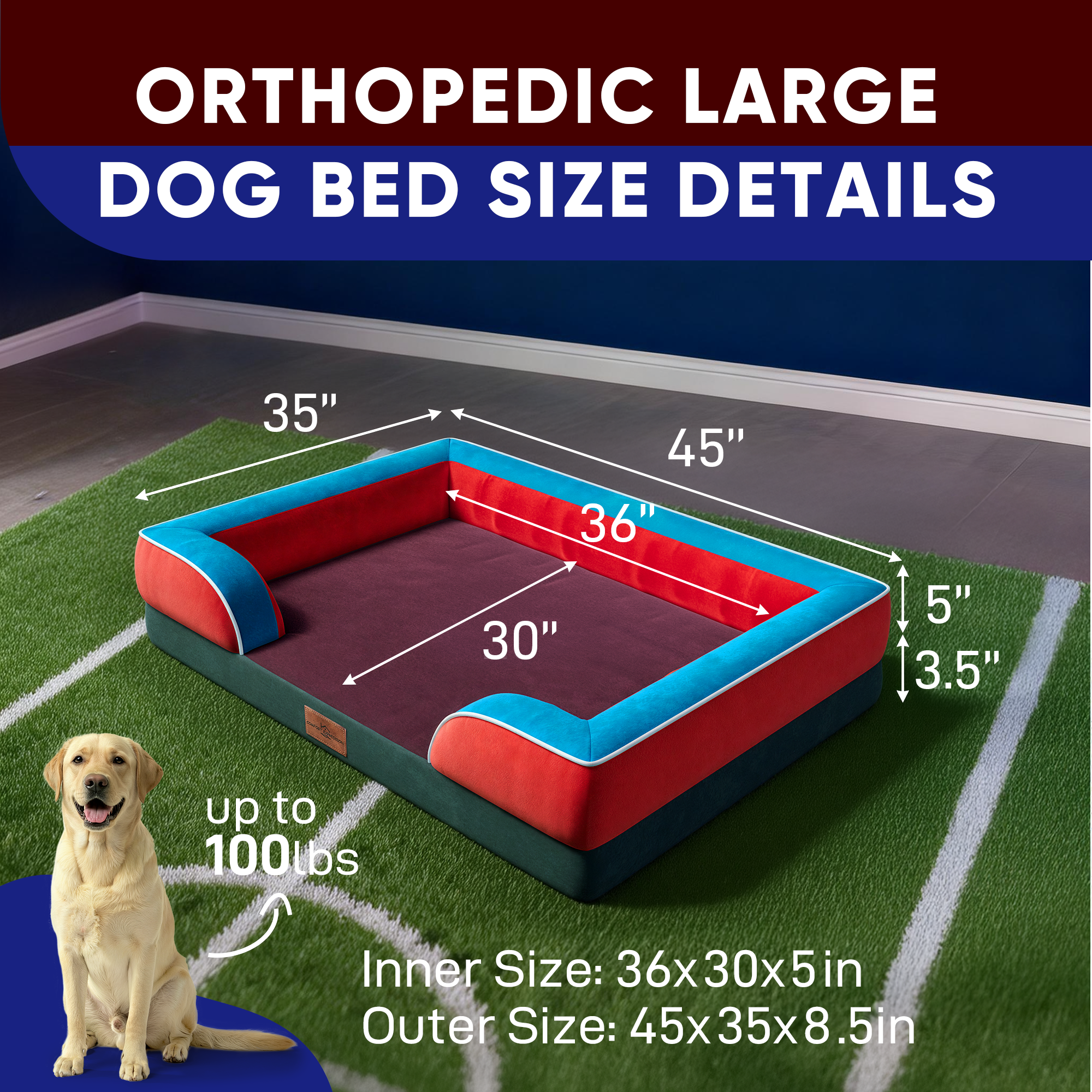 San Francisco  - World Cup Host City Theme Orthopedic Dog Bed for Large Dogs – Waterproof Egg Crate Foam Pet Bed with Bolsters, Washable Cover & Non-Slip Bottom