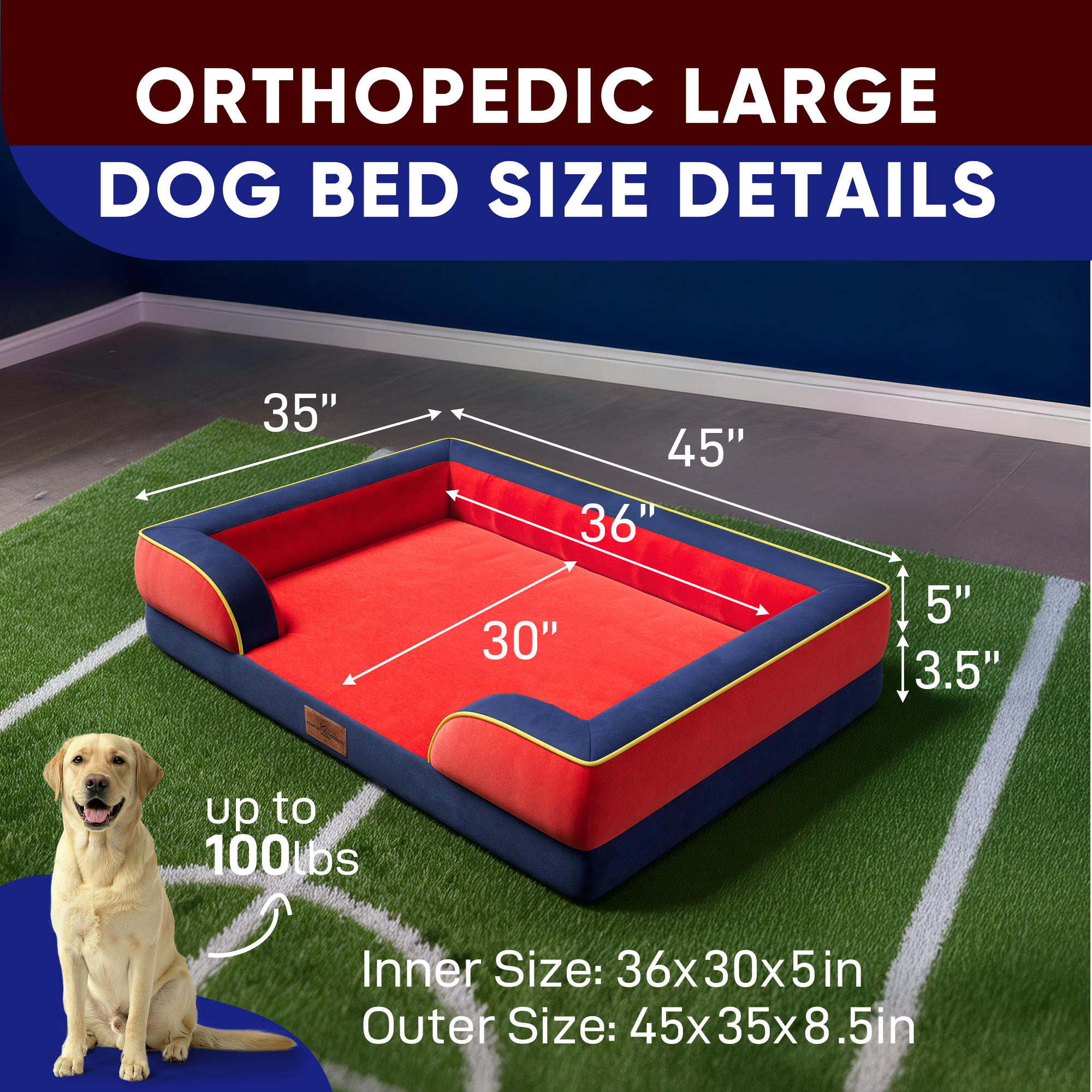 Kansas City  - World Cup Host City Theme Orthopedic Dog Bed for Large Dogs – Waterproof Egg Crate Foam Pet Bed with Bolsters, Washable Cover & Non-Slip Bottom