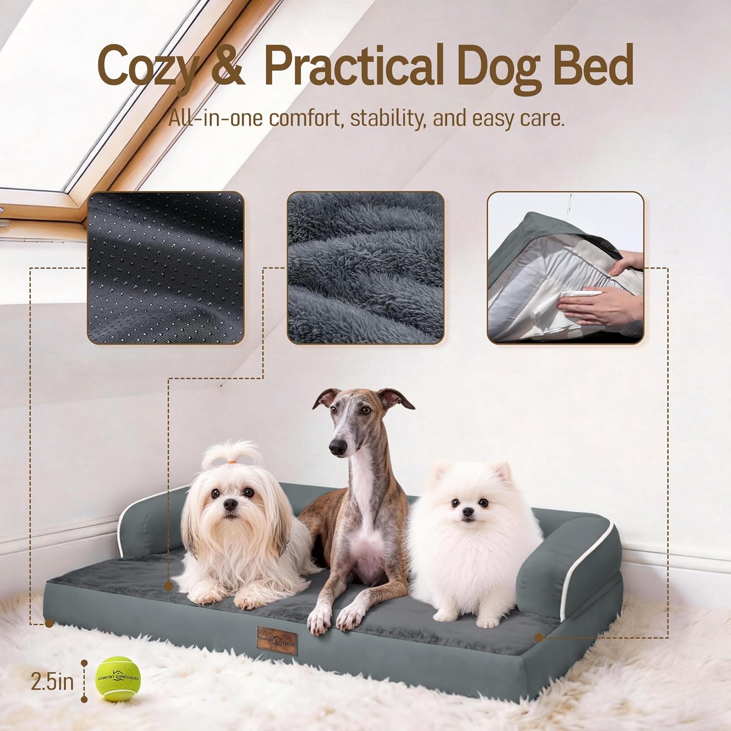 Comfort Expression Memory Foam Large Dog Bed - Waterproof Orthopedic Dog Beds with Washable Removable Cover Pet Sofa Couch, 36 x 27