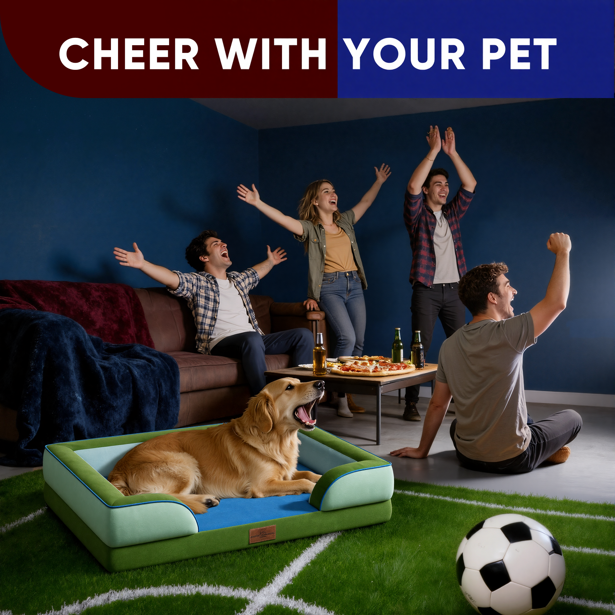 Boston - World Cup Host City Theme Orthopedic Dog Bed for Large Dogs – Waterproof Egg Crate Foam Pet Bed with Bolsters, Washable Cover & Non-Slip Bottom