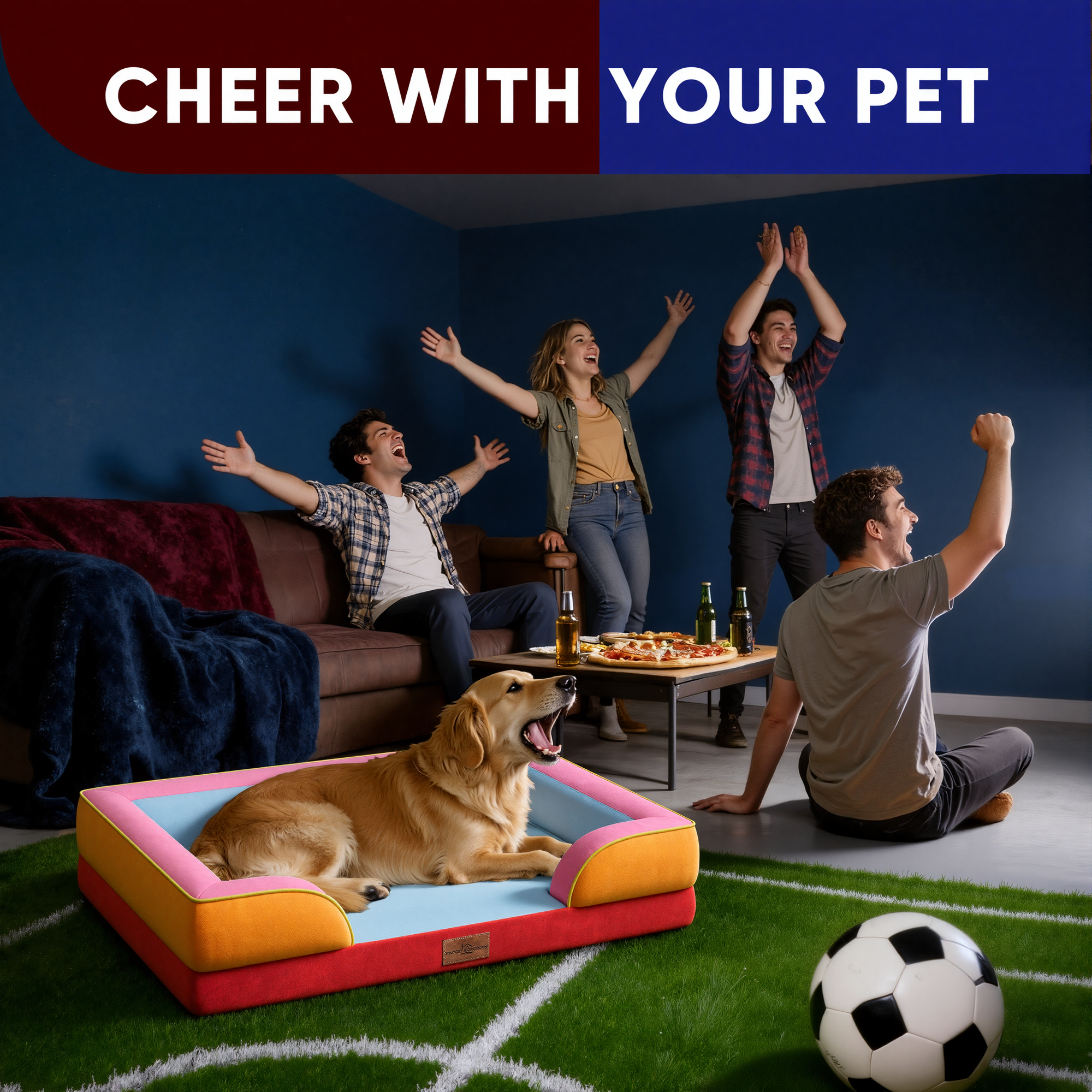 Miami - World Cup Host City Theme Orthopedic Dog Bed for Large Dogs – Waterproof Egg Crate Foam Pet Bed with Bolsters, Washable Cover & Non-Slip Bottom