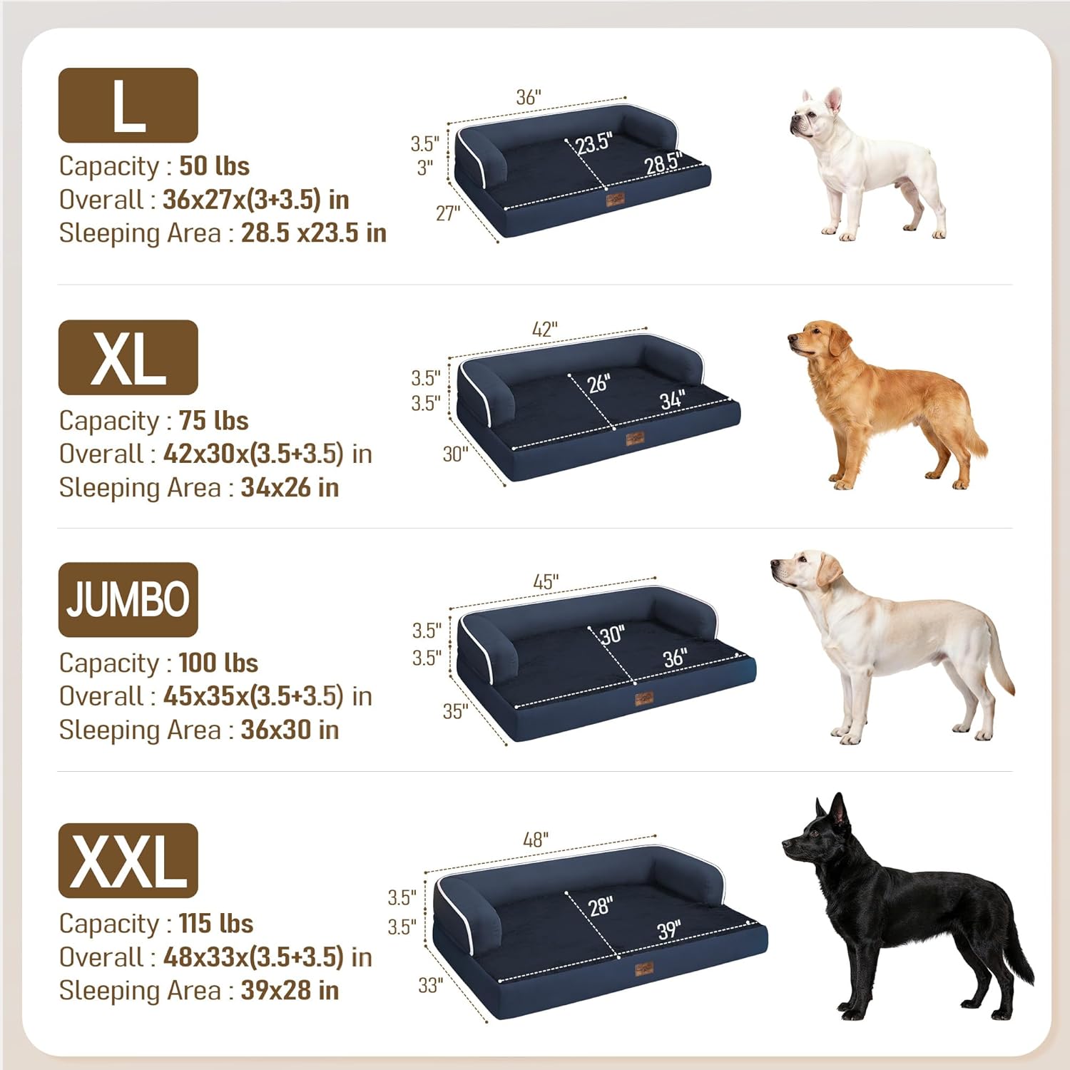 Comfort Expression Washable Orthopedic Dog Bed for Large Sized Dogs | Waterproof Memory Foam Pet Bed 36x27 Inch with Removable Cover, Pet Sofa Couch with Non-Slip &amp; Bolster, Navy Blue