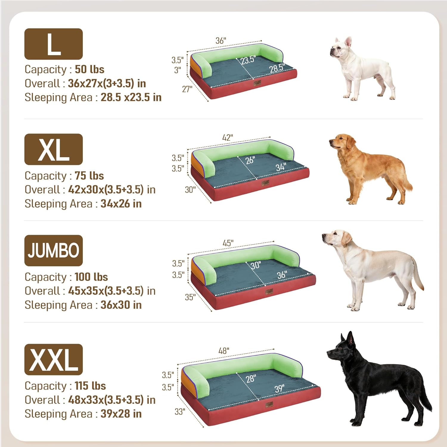 Comfort Expression Large Dog Bed Orthopedic -Washable XL Dog Beds Waterproof Pet Couch Memory Foam Sofa Bolster with Removable Cover - 42 x 30
