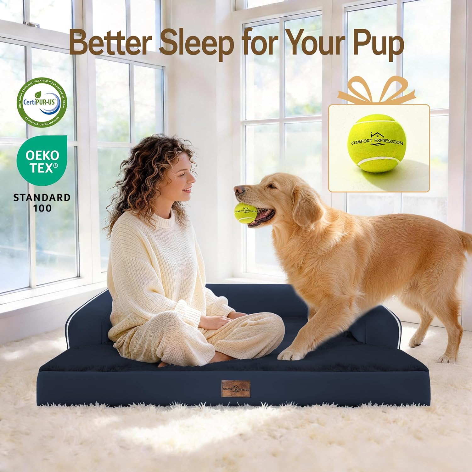 Comfort Expression Washable Orthopedic Dog Bed for Extra Large Sized Dogs | Waterproof Memory Foam Pet Bed 45x35 Inch with Removable Cover with Non-Slip & Bolster, Navy Blue
