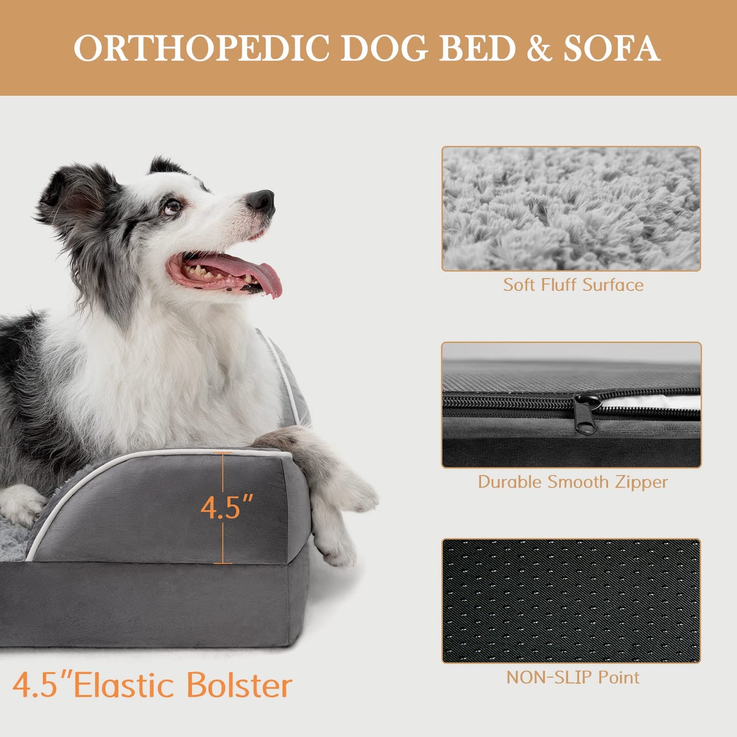 Comfort Expression Waterproof Orthopedic Foam Dog Beds for Extra Large Dogs Durable Dog Sofa Pet Bed Washable Removable Cover with Zipper and Bolster