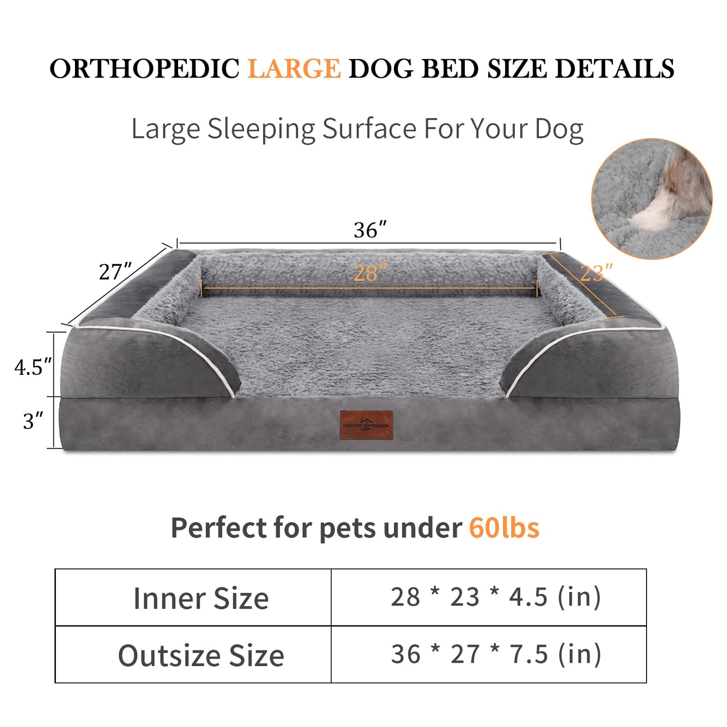 Comfort Expression Waterproof Orthopedic Foam Dog Beds for Extra Large Dogs Durable Dog Sofa Pet Bed Washable Removable Cover with Zipper and Bolster